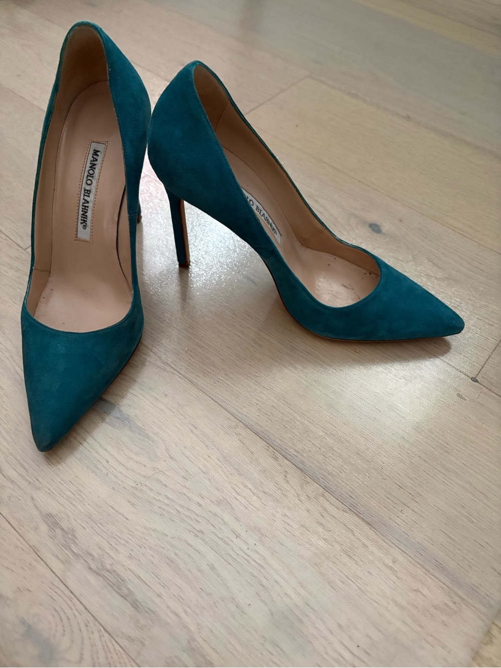Manolo Blahnik Teal Suede Pointed Pumps